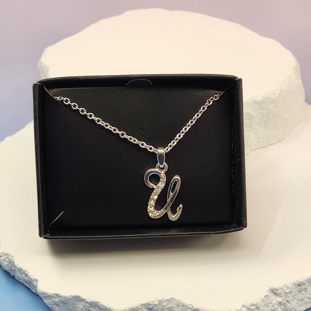 AVON Silver Tone Rhinestone Initial U Pendant Necklace Minimalist Gift Jewelry